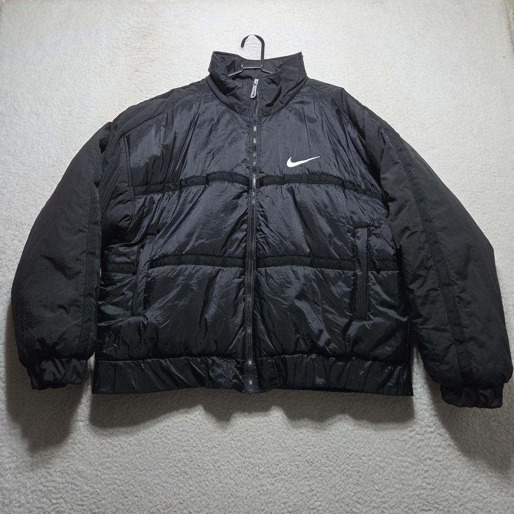 Vintage 90s Nike Puffer Jacket Black Embroidered Logo Mens Size Large Spell Out - Picture 1 of 9
